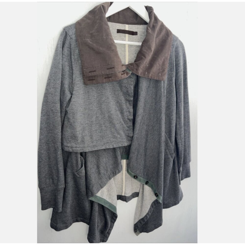 NICHOLAS J Gray Jersey Knit Asymmetrical Layered Jacket Brown Collar Size L